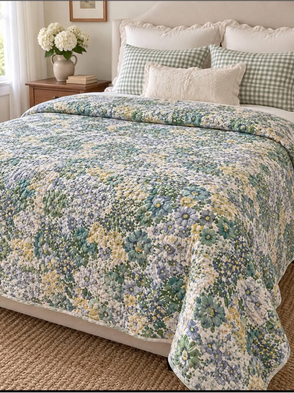 Laura Ashley Full Queen Reversible Quilt Floral ticking stripe Cotton
